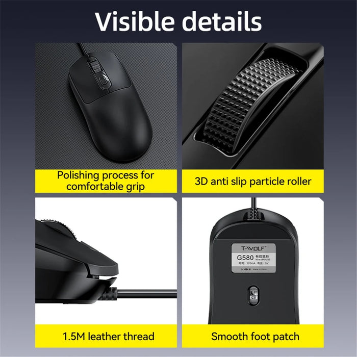 T-WOLF G580 Wired Mouse with Anti-Slip Sticker Ergonomic Design Office Mouse Support 1000-1600 DPI - Black - 7