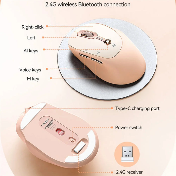 T-WOLF M7 AI Voice Smart Mouse Multi Language Translation Dual Mode Bluetooth-Compatible Wireless Mouse - Milk Tea - 6