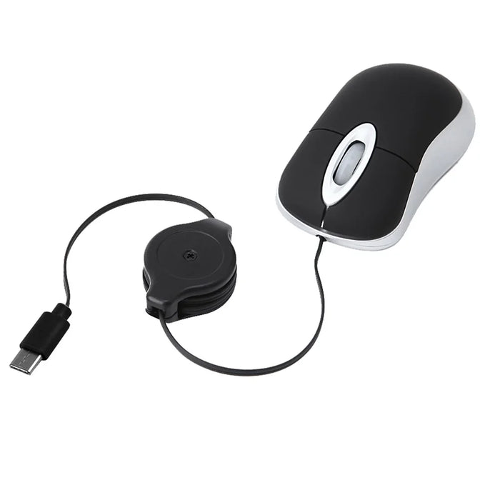 Portable Retractable USB-C Cable Mini Mouse Children Compact Wired Optical Mouse - Black - 1