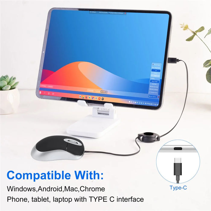 Portable Retractable USB-C Cable Mini Mouse Children Compact Wired Optical Mouse - Black - 2