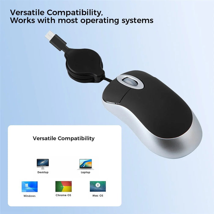 Portable Retractable USB-C Cable Mini Mouse Children Compact Wired Optical Mouse - Black - 5