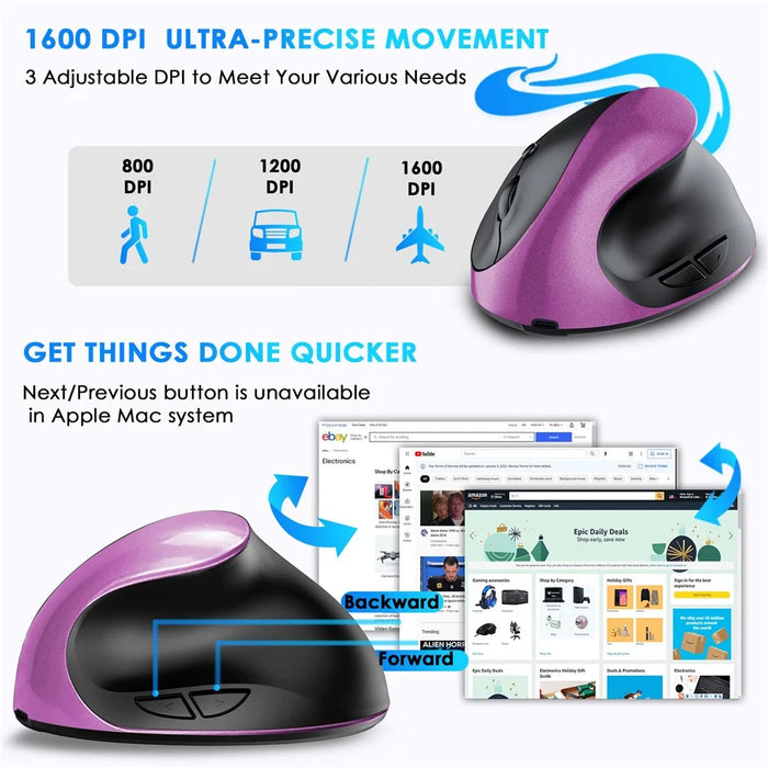 Rechargeable Ergonomic Vertical Mouse 2.4G / Bluetooth-Compatible Silent Wireless Mouse for Right Hand - Purple - 4