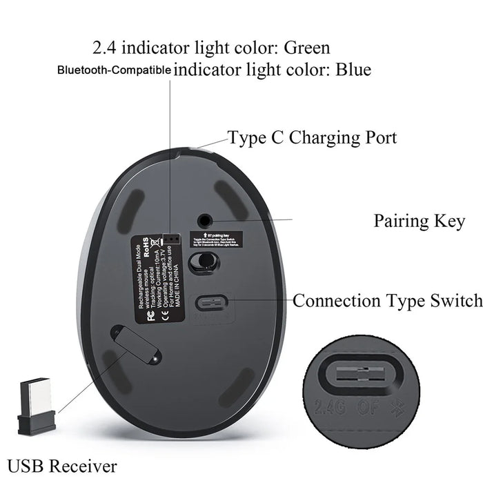 Rechargeable Ergonomic Vertical Mouse 2.4G / Bluetooth-Compatible Silent Wireless Mouse for Right Hand - Purple - 5