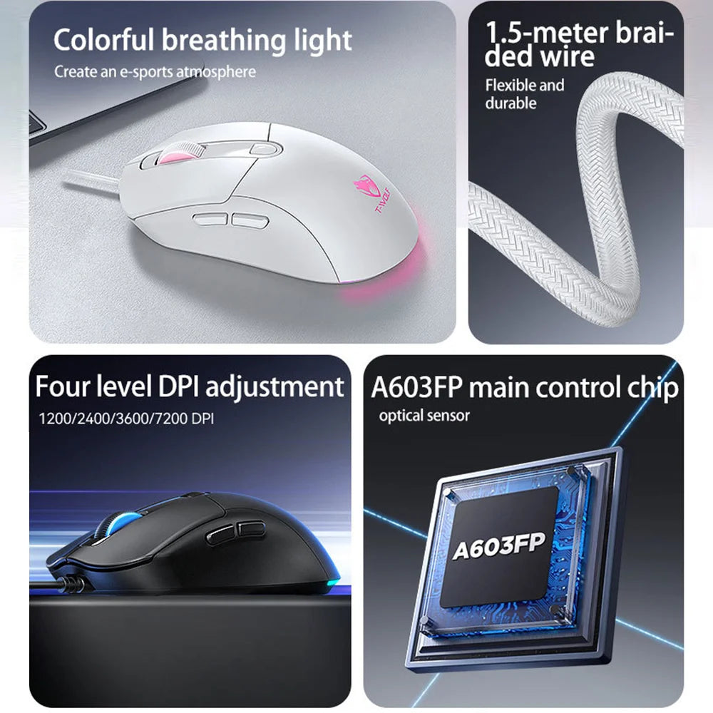 T-WOLF G550 Wired Gaming Mouse 4 DPI Settings 6D Buttons Mice with RGB Light for PC, Computer - G550 Black (Orange Letter Sticker) - 2