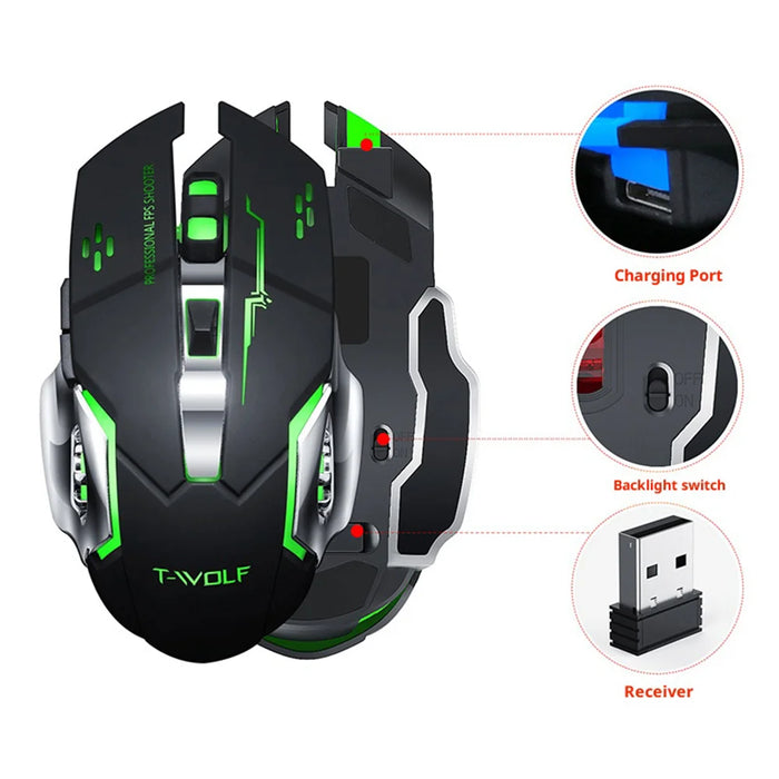T-WOLF Q13B Wireless Mouse 3 DPI Adjustable Dual Mode Rechargeable 600mAh Battery for Computer / Laptop - Tech Black - 6