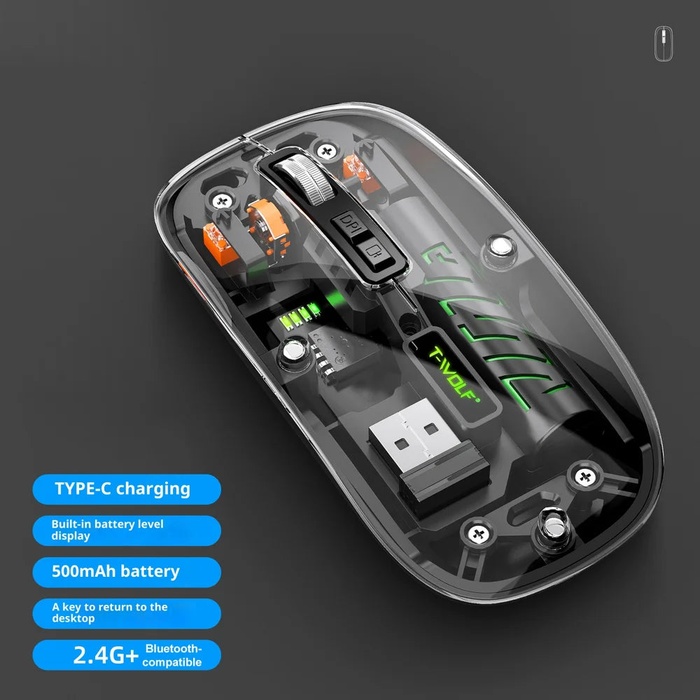 X11 Bluetooth-compatible Wireless Mouse Rechargeable Silent Dual Mode Office Mouse for PC Desktop - Transparent Black - 2