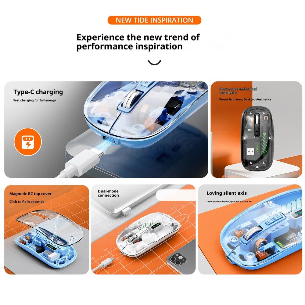 X11 Bluetooth-compatible Wireless Mouse Rechargeable Silent Dual Mode Office Mouse for PC Desktop - Transparent Black - 4