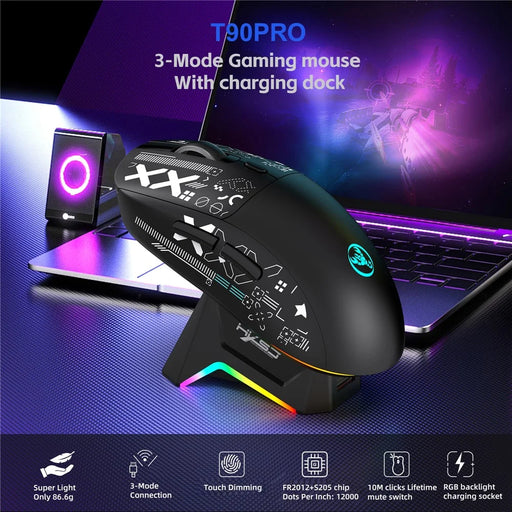 HXSJ T90 Pro 3-Mode Connection Gaming Mouse with Charging Dock Wireless RGB Backlight Silent Mouse for PC / Laptop - Black - 2