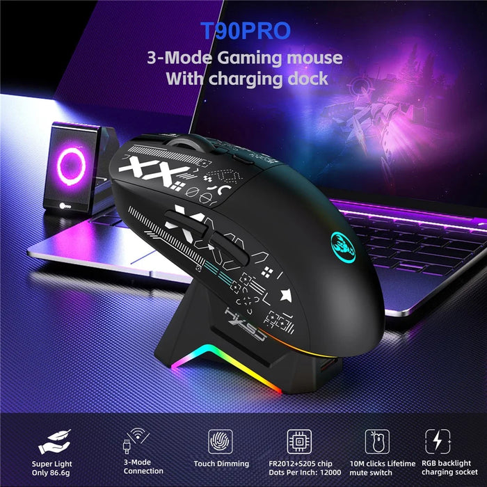 HXSJ T90 Pro 3-Mode Connection Gaming Mouse with Charging Dock Wireless RGB Backlight Silent Mouse for PC / Laptop - Black - 2