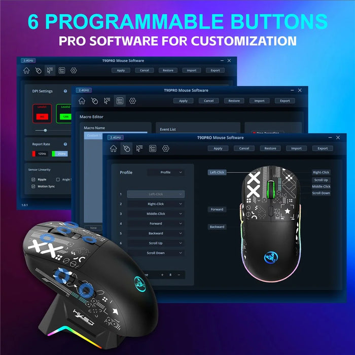 HXSJ T90 Pro 3-Mode Connection Gaming Mouse with Charging Dock Wireless RGB Backlight Silent Mouse for PC / Laptop - Black - 7
