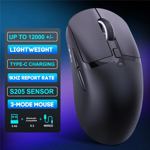 HXSJ T10 Pro Lightweight Wireless Gaming Mouse with 3-Mode Connection / Charging Dock / Macro Programmable Mouse 1KHz 12000DPI - Black - 2