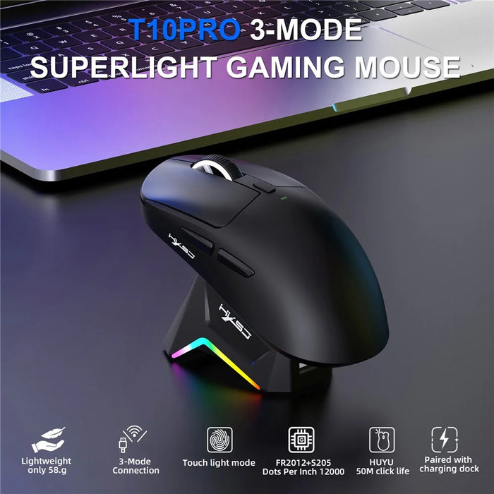 HXSJ T10 Pro Lightweight Wireless Gaming Mouse with 3-Mode Connection / Charging Dock / Macro Programmable Mouse 1KHz 12000DPI - Black - 3