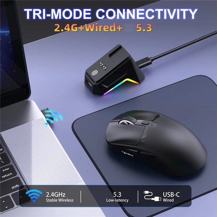 HXSJ T10 Pro Lightweight Wireless Gaming Mouse with 3-Mode Connection / Charging Dock / Macro Programmable Mouse 1KHz 12000DPI - Black - 4