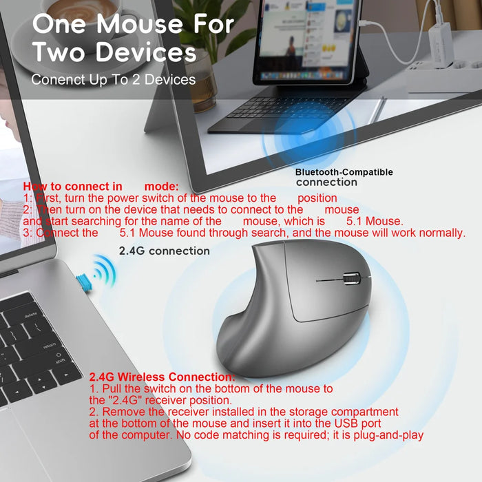 HXSJ T22 Ergonomic Vertical Mouse 2.4G/Bluetooth-compatible Dual Mode 2400DPI Adjustable Mouse - Metallic Gray - 6