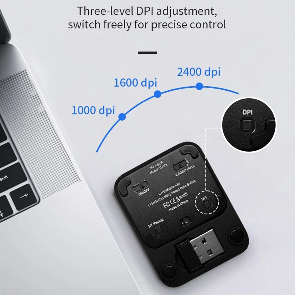 TIMEXPLAYER T2 Dual Bluetooth-compatible + 2.4G Mini Wireless Mouse Type-C Rechargeable Pressure Sensing Mouse - Black - 2