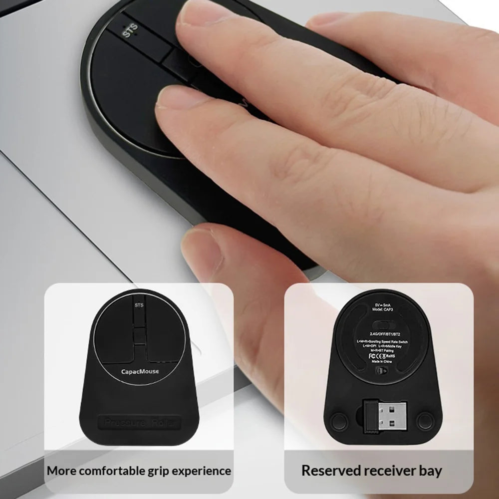 CAPACMOUSE CAP3 2400 DPI Ultra Thin Mini Mouse Pressure Sensing Triple Mode Bluetooth-compatible 2.4G Wireless Mouse - Black - 2