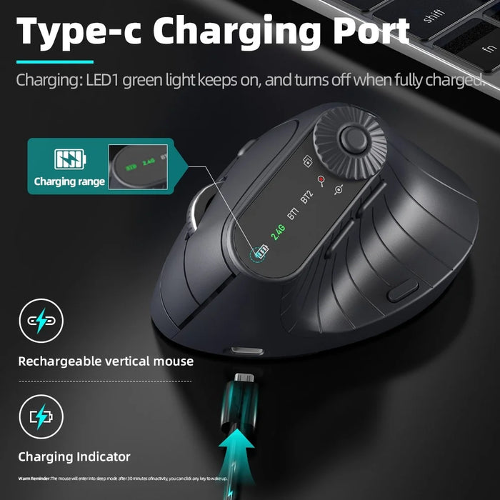 JOMAA JOM001 Wireless Vertical Mouse 2.4G  /  Bluetooth-compatible Tri-mode LED Display Ergonomic Rechargeable Mouse for Office - Black - 4