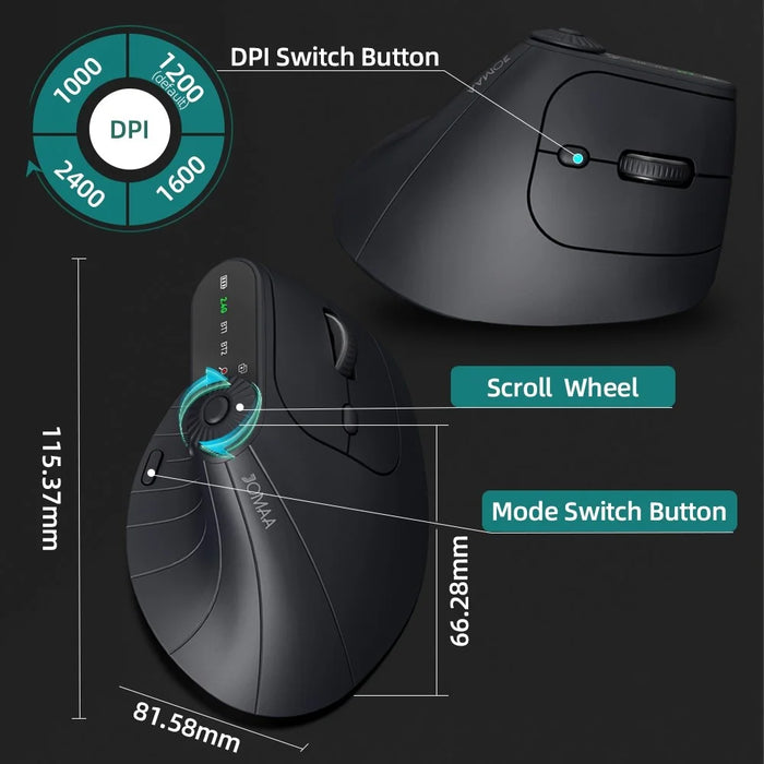 JOMAA JOM001 Wireless Vertical Mouse 2.4G  /  Bluetooth-compatible Tri-mode LED Display Ergonomic Rechargeable Mouse for Office - Black - 6