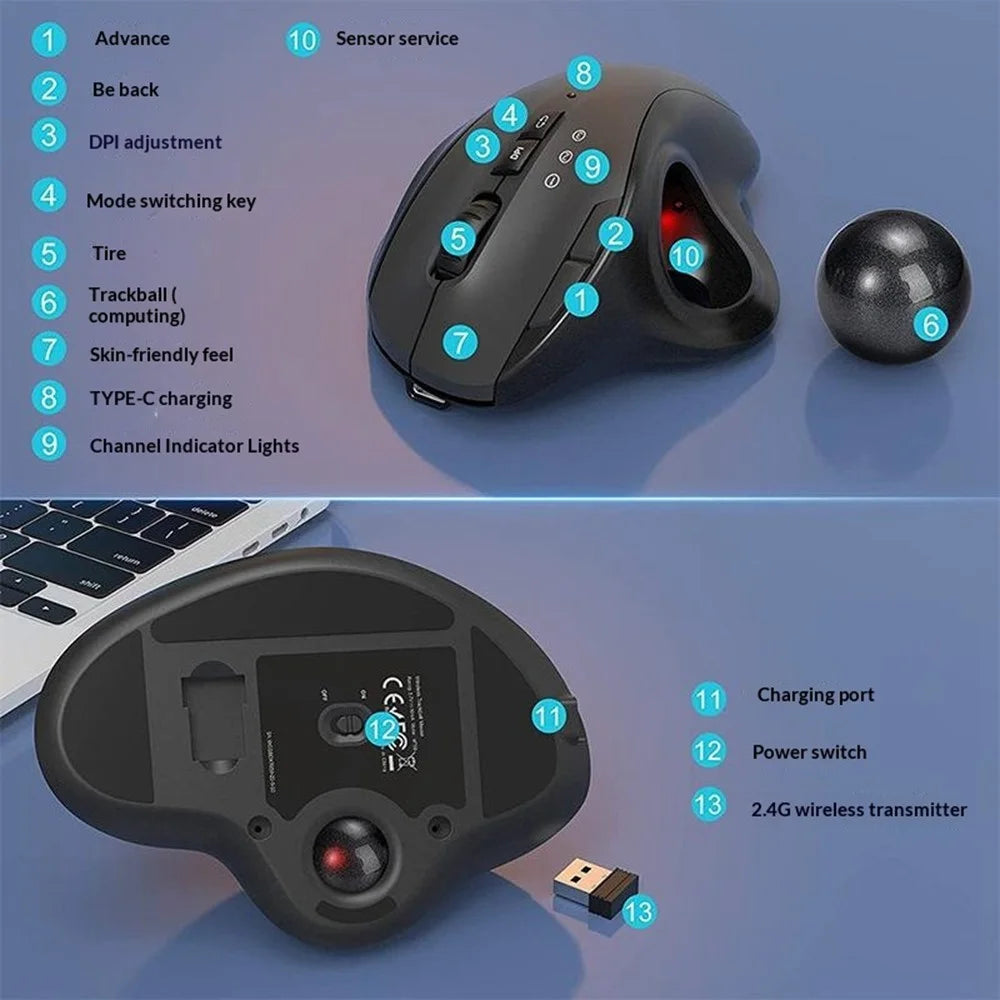 JOMAA JOM255 2.4G Wireless Bluetooth-compatible Dual Mode Trackball Mouse Rechargeable Silent Ergonomic Cordless Mouse - 4
