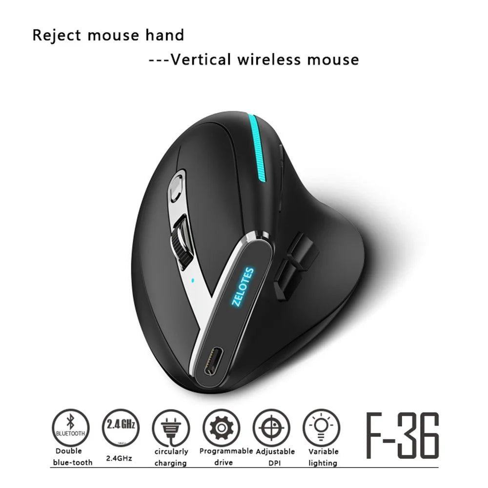 F-36 Wireless Bluetooth-compatible Mouse 2.4G Ergonomic RGB Rechargeable Cordless Gaming Mouse - Black - 2