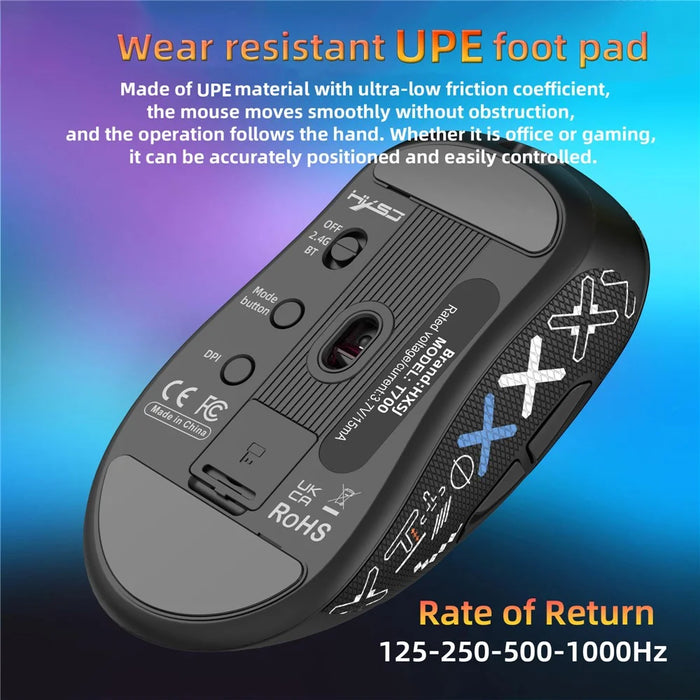 HXSJ T700PRO Tri-Mode Gaming Mouse Wireless Bluetooth-compatible 2.4G Wired 10000DPI Programmable Mouse - Black - 5