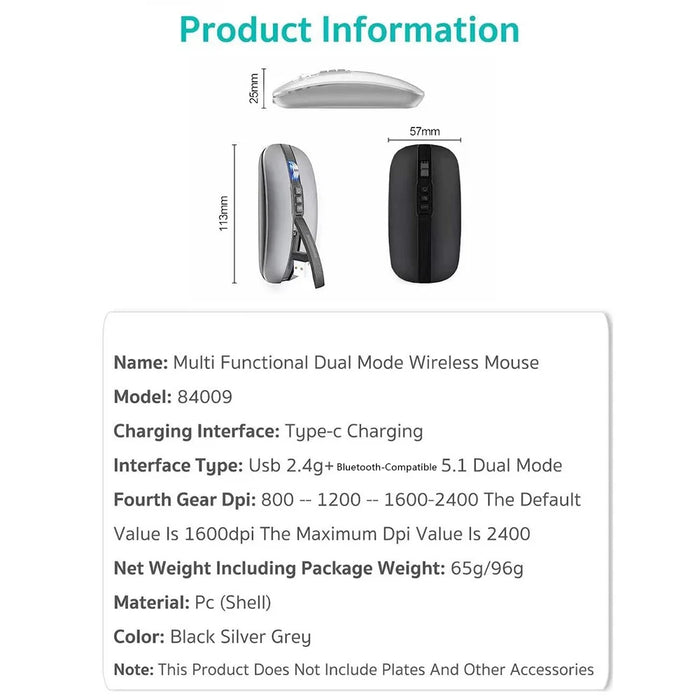 COTECI 84009 Wireless Mouse 2.4G Bluetooth-compatible 5.1 Dual Mode 4-Level DPI Mouse for Desktop Laptop - Black - 6