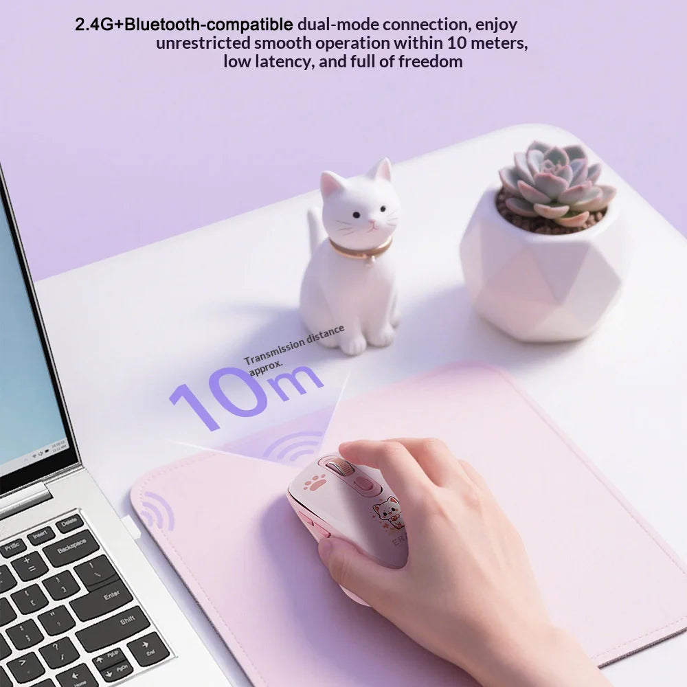 ERAZER N300 Cute Cat Pattern 2.4G/Bluetooth-compatible Dual Mode Wireless Mouse for Office Laptop Computer Gaming (Invested By Lenovo) - Peach Pink - 7