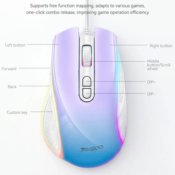YESIDO KB51 RGB Gradient Wired Gaming Mouse 8 Buttons 7200 DPI Optical Sensor Mouse for PC Gaming - Purple Blue - 6