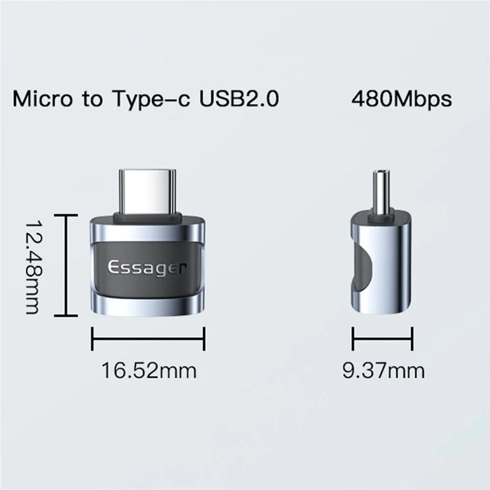 ESSAGER Micro USB Female to Type-C Male USB2.0 Data Transfer Charging OTG Adapter - Black - 6