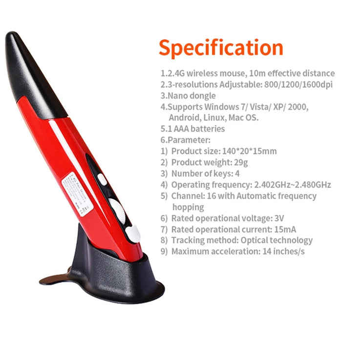 2.4G Wireless Mouse Creative Vertical Pen Mouse 1600 DPI Optical Ergonomic Mice for PC Laptop Notebook (No Battery) - Red - 5