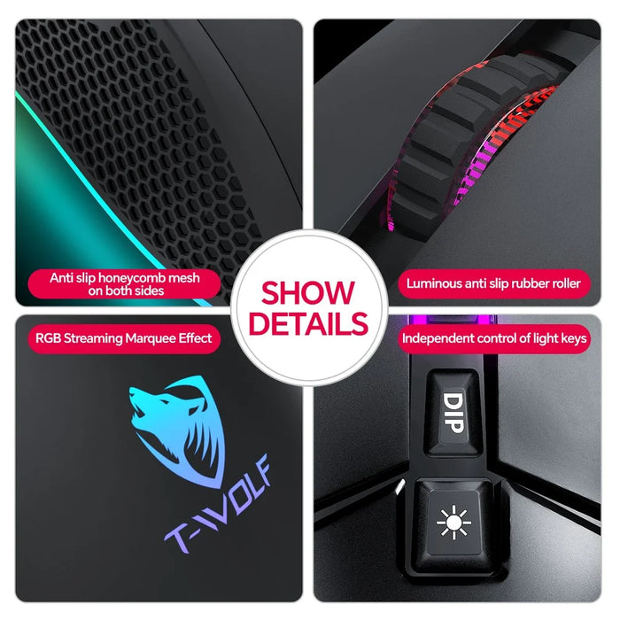 T-WOLF G590 USB Wired Gaming Mouse RGB Light 800-7200DPI ABS Computer Laptop Mice - 7