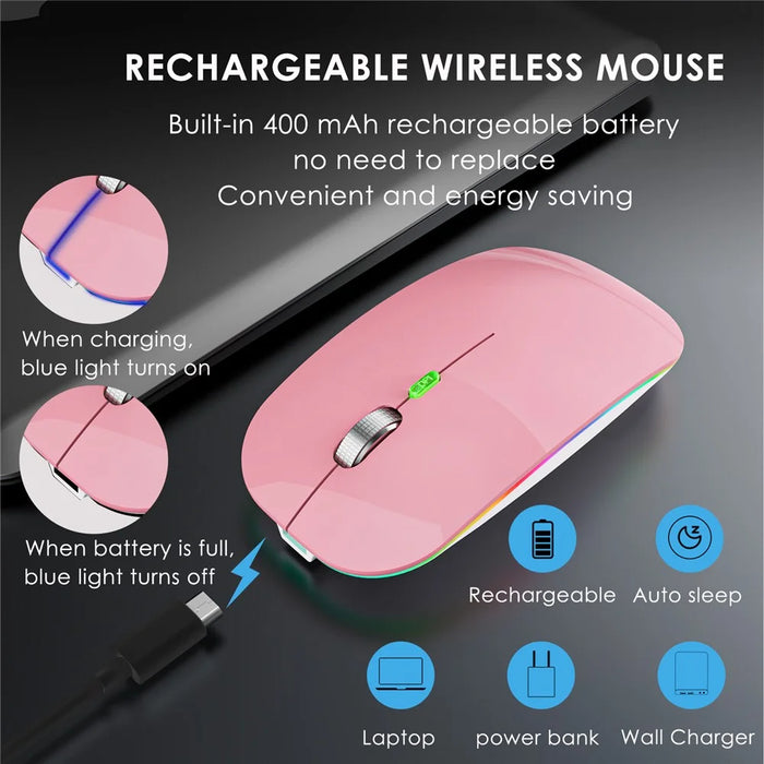 2.4G / Bluetooth-compatible Dual Mode Wireless Mouse with Backlight, Quiet Portable Jiggler Mouse for Laptops, Tablets - Pink - 3