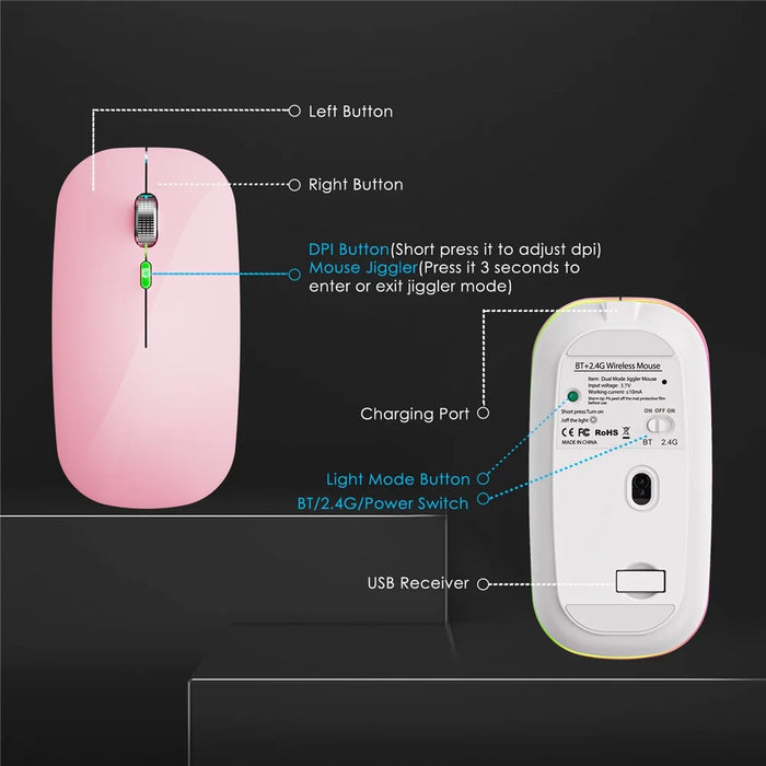 2.4G / Bluetooth-compatible Dual Mode Wireless Mouse with Backlight, Quiet Portable Jiggler Mouse for Laptops, Tablets - Pink - 7