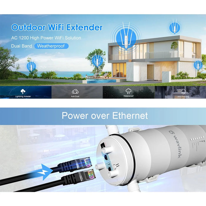 WAVLINK WS-WN572HG3-A AC1200 Outdoor WiFi Extender with POE Dual Band 2.4GHz / 5GHz Wireless Routers with 4x7dBi Antenna - US Plug - 5