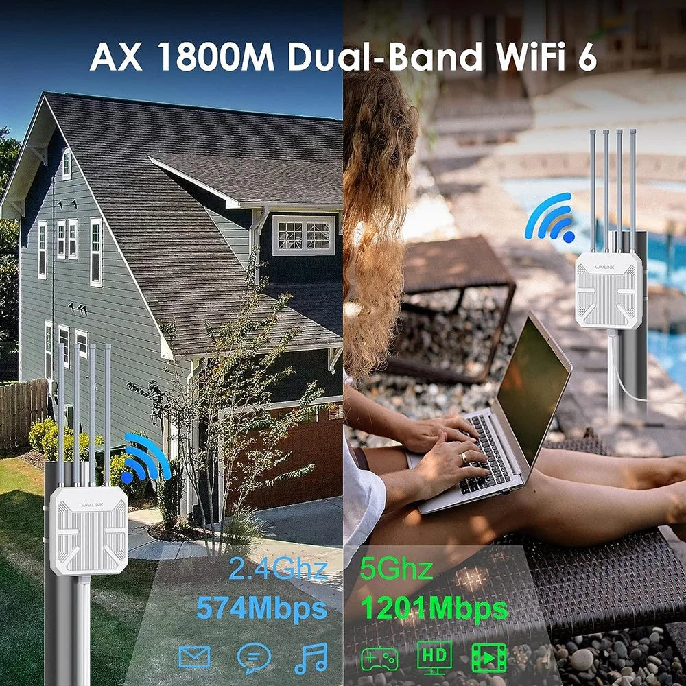 WAVLINK WS-WN573HX1-A WiFi 6 AX1800 WiFi Routers IP67 Waterproof Outdoor Dual Band Wireless Repeater with PoE Port, 4 Antennas - UK Plug - 5