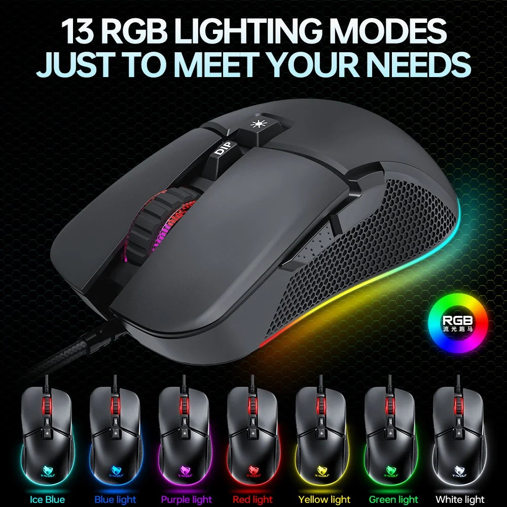 T-WOLF G590 Wired RGB Gaming Mouse 800-7200DPI Effortless E-Sports Mice - 5
