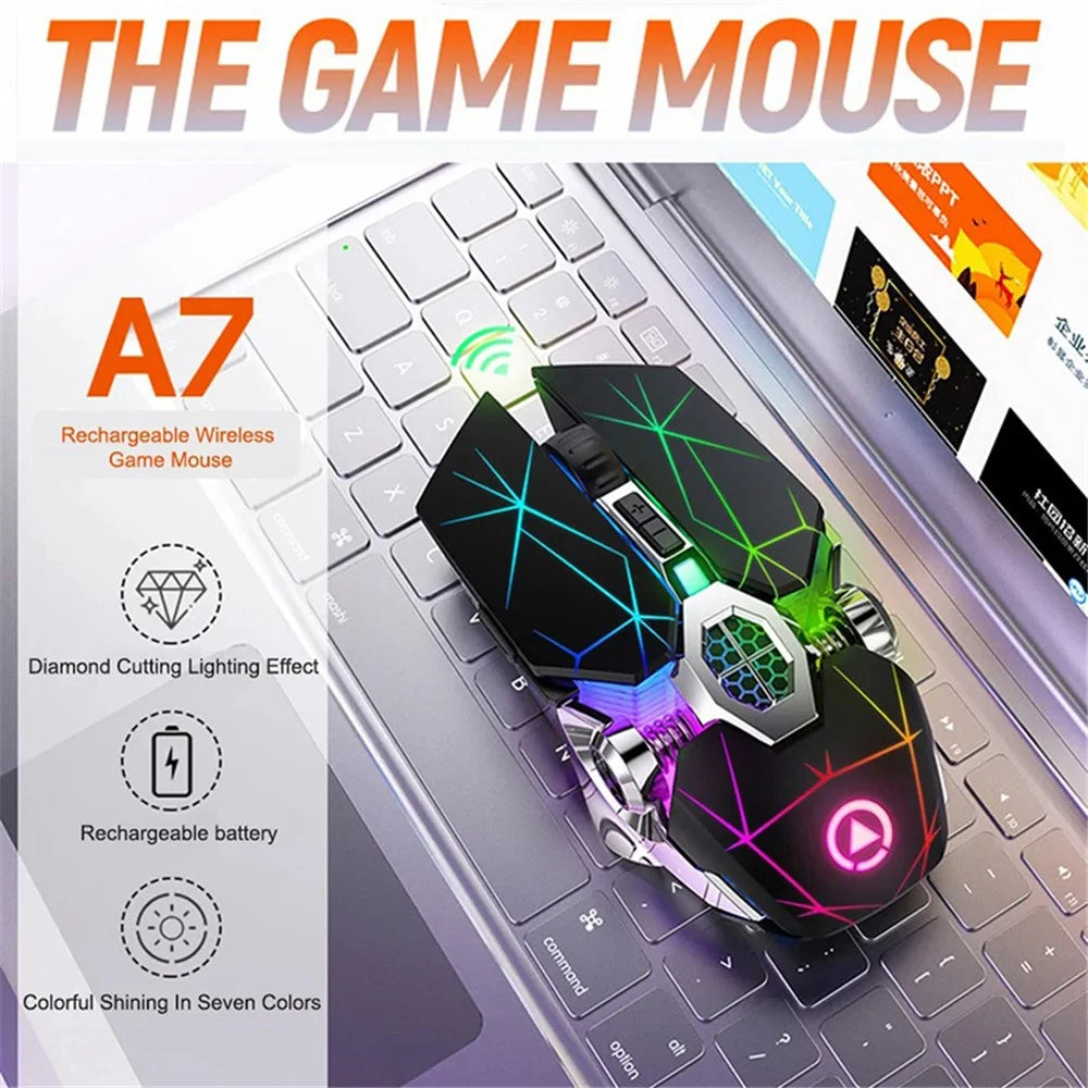 YINDIAO A7 1600 DPI 7 Keys Silent Gaming Mouse 7-color Light 2.4G Wireless Mouse - Matte Black - 2