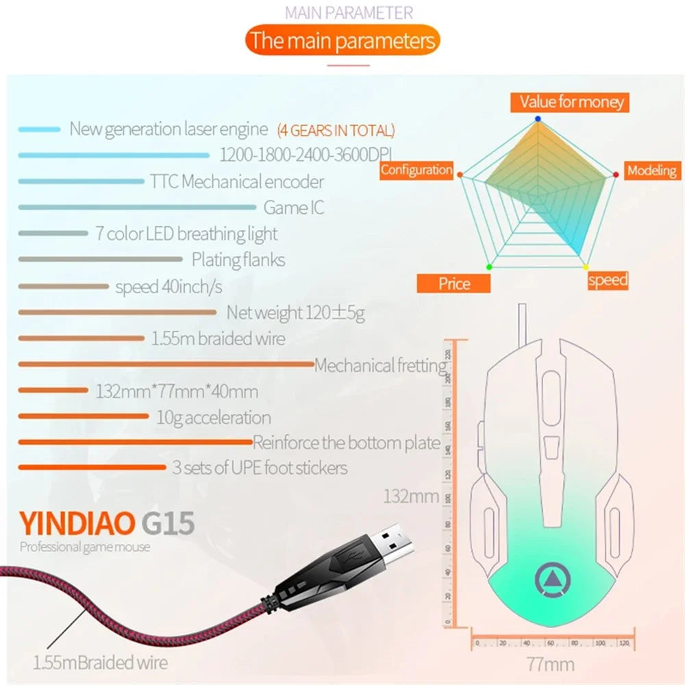 YINDIAO G15 1200 / 1800 / 2400 / 3600 Adjustable DPI 6 Keys Mechanical Gaming USB Wired Mouse, Silent Version - Black - 3
