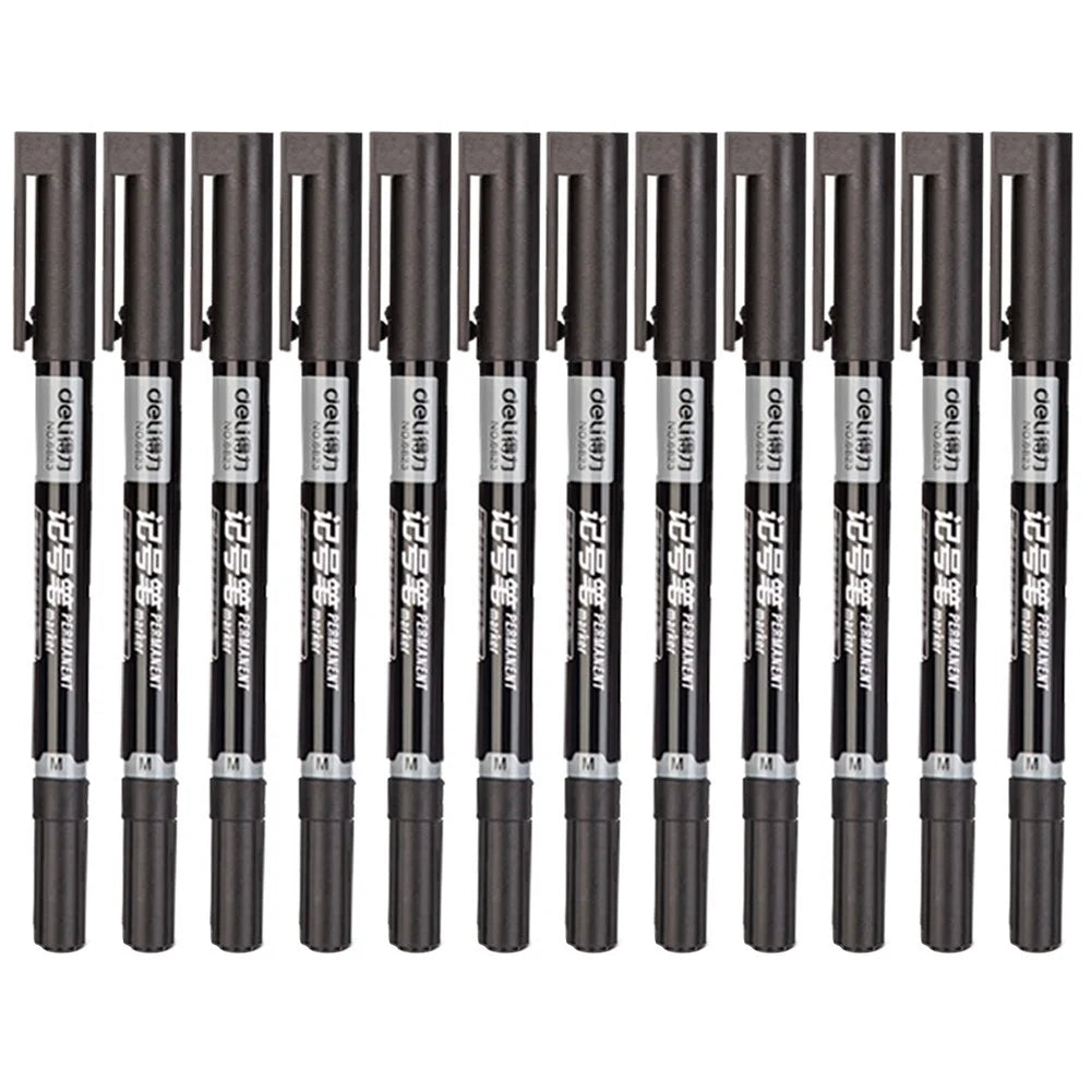 DELI 6823 12-Pack Dual-Tip Marker Pens 0.5mm / 1.2mm Fine / Broad Tips Drawing Pens - Black - 1