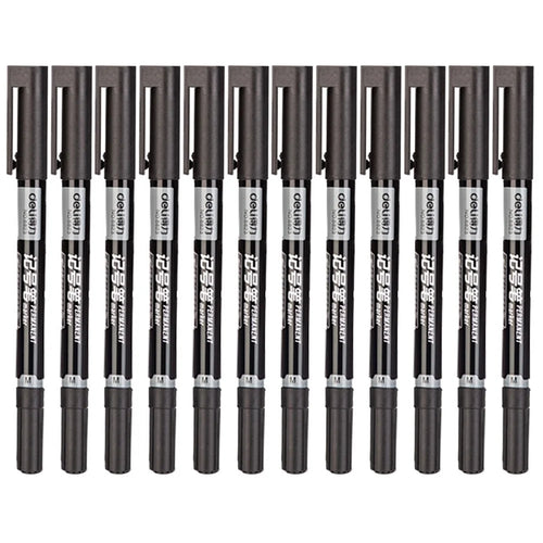 DELI 6823 12-Pack Dual-Tip Marker Pens 0.5mm / 1.2mm Fine / Broad Tips Drawing Pens - Black - 1