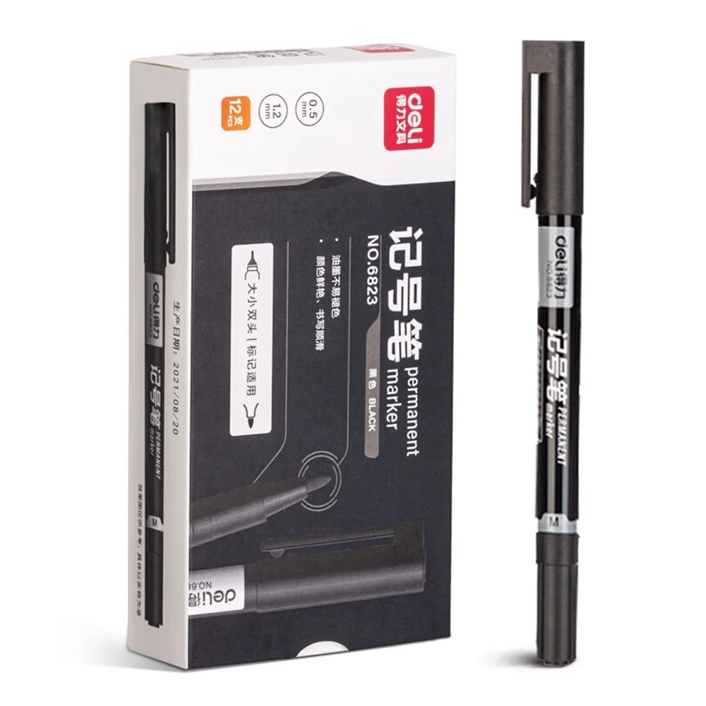 DELI 6823 12-Pack Dual-Tip Marker Pens 0.5mm / 1.2mm Fine / Broad Tips Drawing Pens - Black - 7