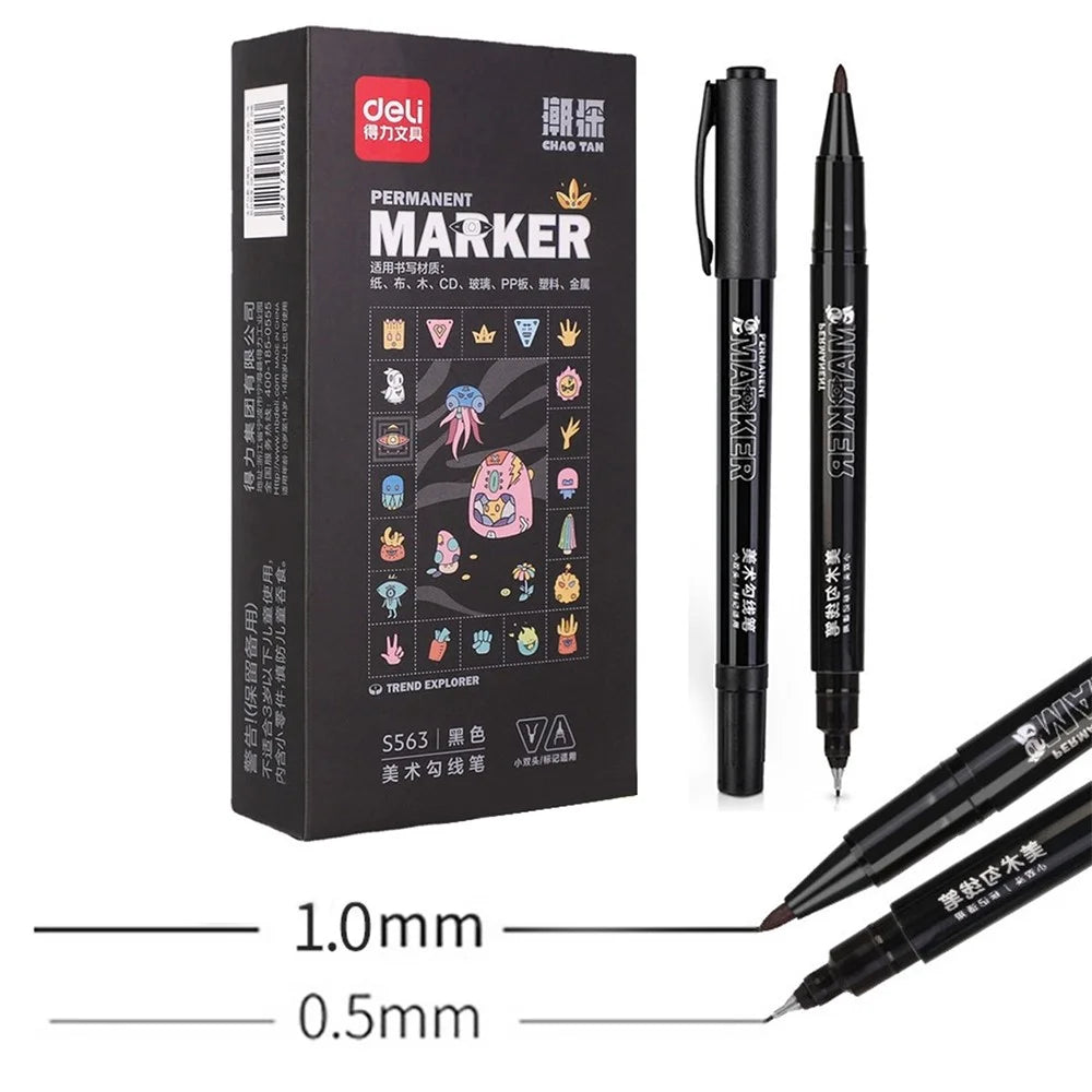 DELI S563 1.0mm / 0.5mm Dual-Tip Marker Pens for Outlining, Note-Taking, 12-Pack Student Drawing Pens - 2