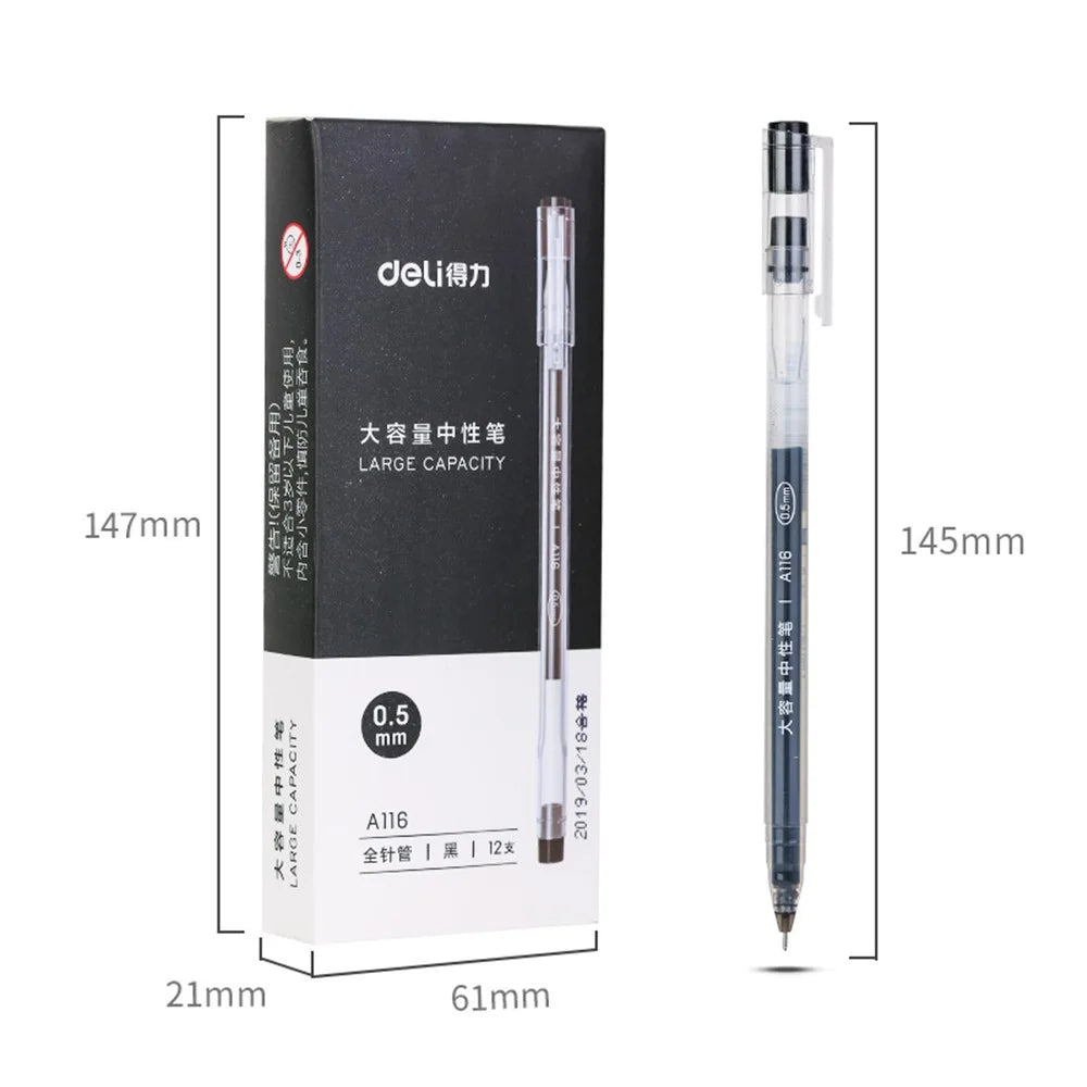 DELI A116 12Pcs Writing Neutral Pen Large Capacity Needle Pen 0.5mm Carbon Water Pen - Black - 7