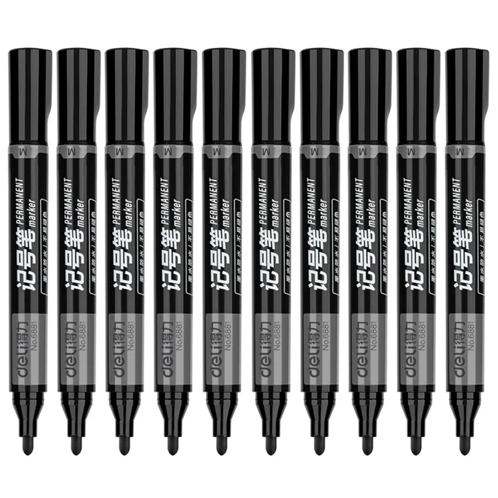 DELI 6881 10-Pack 1.8mm Oil-Based Marker Pens for Labeling, Logistics, and Large Writing - Black - 1