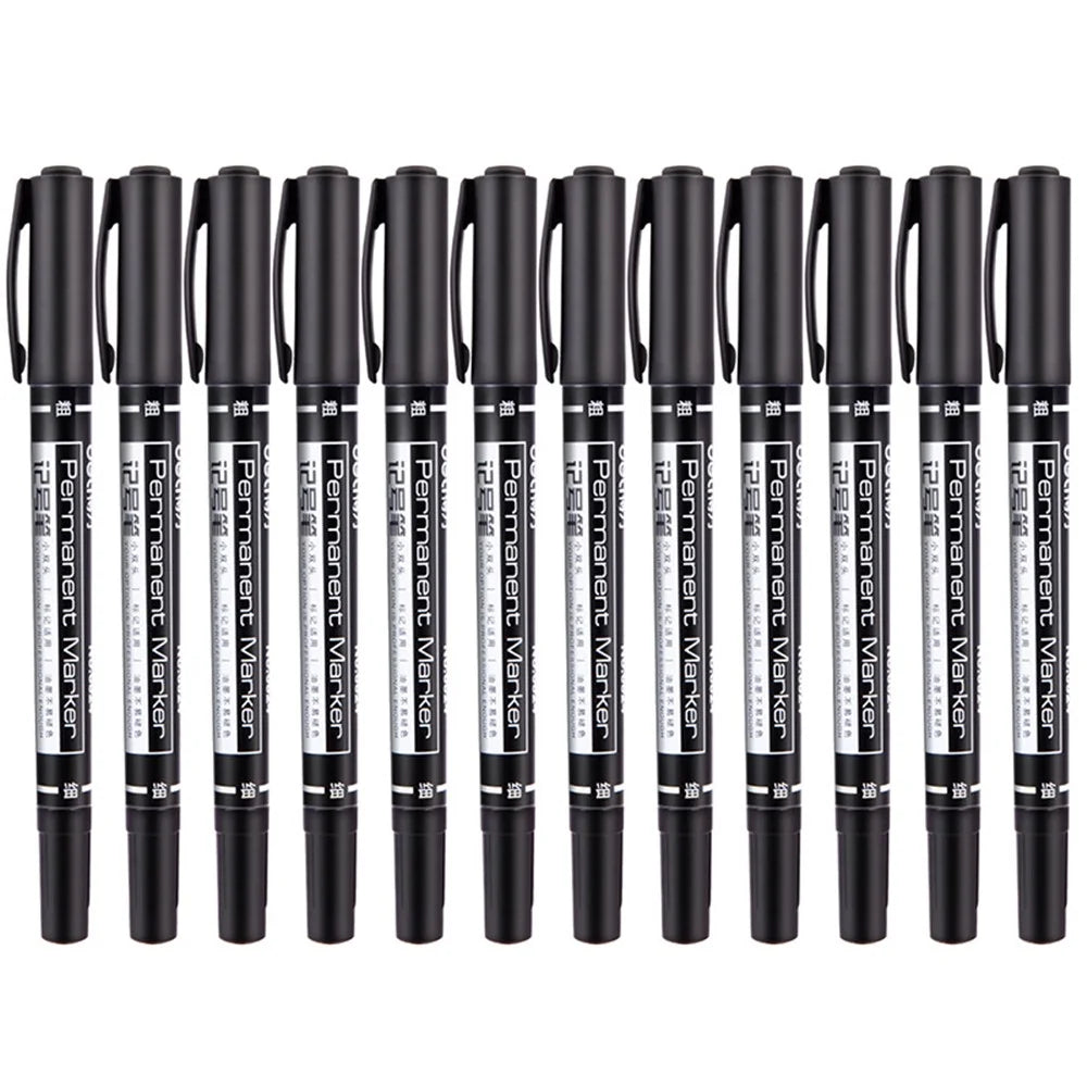 DELI 6824 12-Pack Dual-Tip Marker Pens 0.5mm / 1.2mm Tips Oil-Based Pens for Artistic Outlining, CD Marking - Black - 1