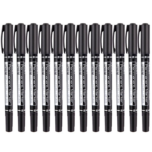 DELI 6824 12-Pack Dual-Tip Marker Pens 0.5mm / 1.2mm Tips Oil-Based Pens for Artistic Outlining, CD Marking - Black - 1
