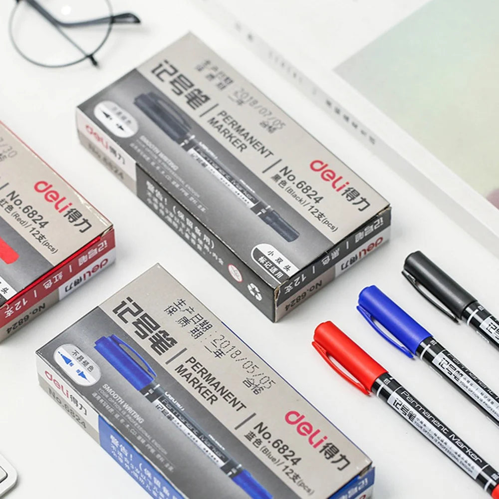 DELI 6824 12-Pack Dual-Tip Marker Pens 0.5mm / 1.2mm Tips Oil-Based Pens for Artistic Outlining, CD Marking - Black - 6