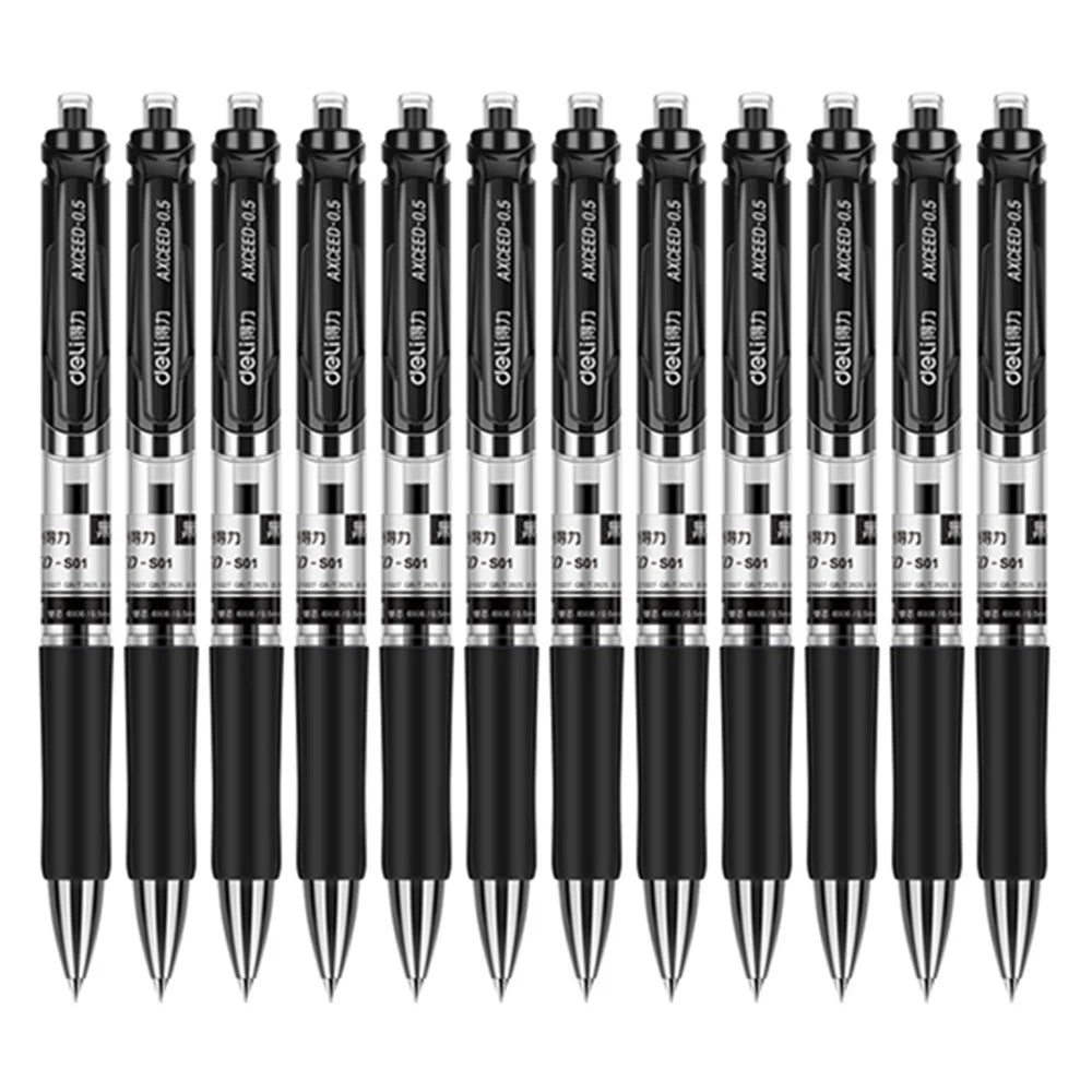 DELI S01 12Pcs Gel Pens Press Type Retractable Smooth Writing 0.5mm Gel Pen - Black - 1