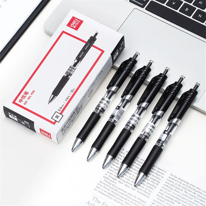 DELI S01 12Pcs Gel Pens Press Type Retractable Smooth Writing 0.5mm Gel Pen - Black - 7