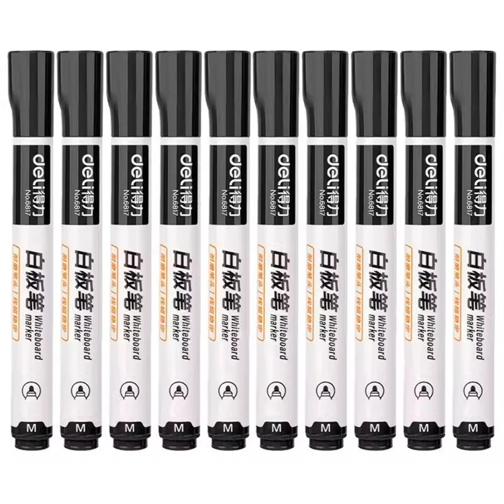 DELI 6817 10-Pack Whiteboard Pens Water-Based 1.8mm Tip Erasable Markers for Writing - Black - 1